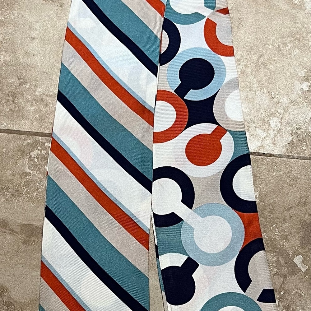 Coach Multicolor Geometric Silk Scarf in Teal, Navy, Rust, Light Blue, White